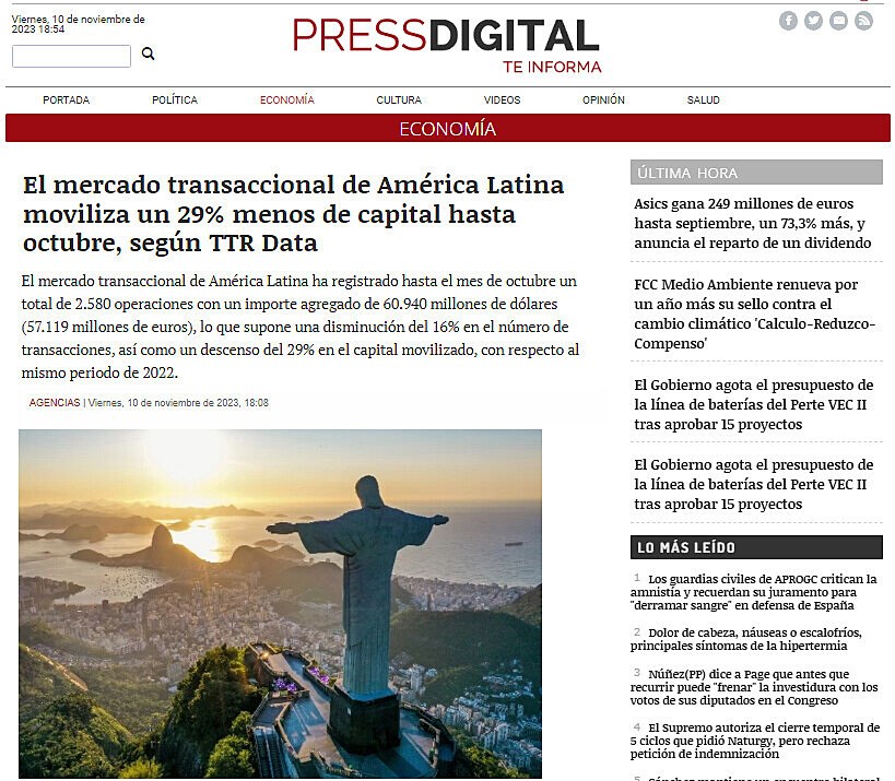 El mercado transaccional de Amrica Latina moviliza un 29% menos de capital hasta octubre, segn TTR Data
